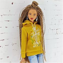 mustard-colored hoodie for barbie  with any body type (regular, curvy, petite)