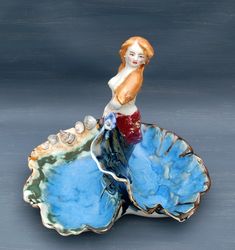 Ceramic sculpture Mermaid, Decorative vase, Porcelain Figurine, Girl sea ,Candy bowl, fruit bowl ,Table Centerpiece