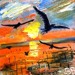 colorful sunset painting seascape original art seagulls oil painting small wall art 4 by 4 inches
