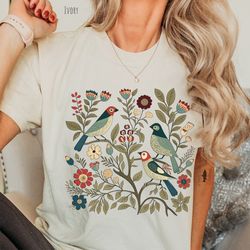 cottagecore birds and flowers shirt, folk art scandi art t shirt, plus sizes and oversized tshirts, bird gifts, flower g