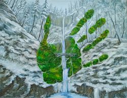 waterfall painting multnomah falls canvas oil painting surrealism 14 by 18 oregon original art