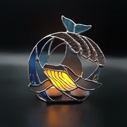 stained glass whale candle holder, ocean wave stained glass ornament tealight holder, stained glass suncatcher