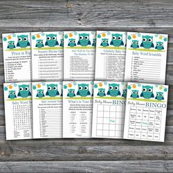 owl baby shower games bundle,owl baby shower games package,fun baby shower games,9 printable games-367