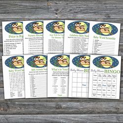 owl baby shower games bundle,owl baby shower games package,fun baby shower games,9 printable games-365