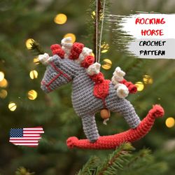 christmas crochet ornament rocking horse crochet pattern, christmas ornament pattern amigurumi, christmas tree decoratio