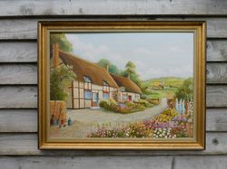 original oil on board, english country cottage with cottage garden, signed by artist, country landscape