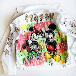 womens denim white jacket,hand painted jeans jacket disney character,mickey mini mouse,art wearable,all- original