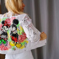 hand painted jean jacket, Womens Denim White jacket,  Disney character mickey mini mouse, Art wearable, all original