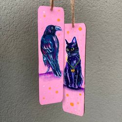 set of 2 hand painted bookmarks, gouache painting on wood, halloween art, spooky decor, book lover gift, witchy decor