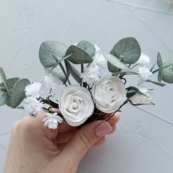 eucalyptus wedding hair pins rose flower hair clip babys breath hair piece sage green bridal hair piece