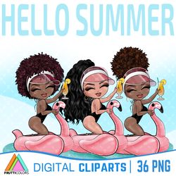 pool party clipart bundle - hello summer clipart, african american, vacation mode clipart, summer girl, cute afro png