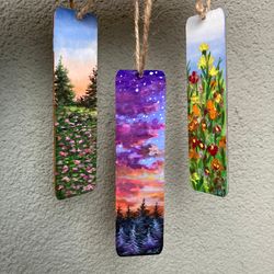 set of 3 hand painted bookmarks, gouache painting on wood