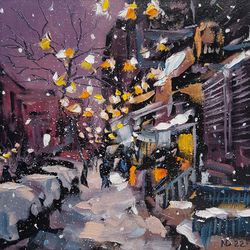 snowy nyc original oil painting winter cityscape wall art new york street artwork 10"x10"