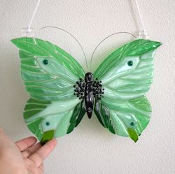 glass green butterfly suncatcher for window or garden - fused glass sun catcher