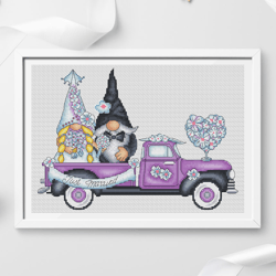 wedding gnomes truck cross stitch pattern pdf, gnomes cross stitch, bride and groom, couple gnome, wedding cross stitch