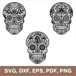 sugar skull svg, floral skull template, skull dxf, day of the dead svg, dia de los muertos svg, skull png, svg, dxf, pdf