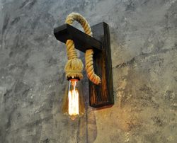 Wall Sconce Wood Lamp With Rope Rustic Lighting Wooden Pendant Industrial Light Fixture Housewarming Gift Modern Lamp