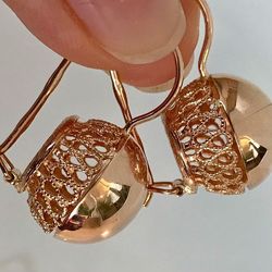 vintage 14k russian earrings "balls" without stone 583 with star rose gold  soviet retro  women's jewelry