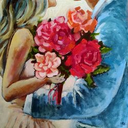 Loving Couple Painting Floral Original Art Bouquet Flowers Love Artwork Peonies Oil Wall Art by PaintingsDollsByZoe