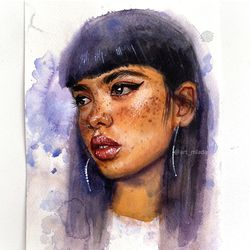 original watercolor painting purple beautiful girl wall art decor deserve female painting