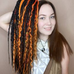 halloween set of textured de dreadlocks and de braids with curls black orange colors ready to ship 21-22 inches