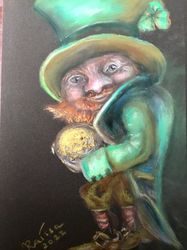 leprechaun with a golden coin,original soft pastel painting ,gift,home decoration