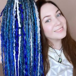 bohemian set of textured de dreadlocks and de dreadlocks with curls green blue gray colors ready to ship 21-22 inches