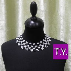 checkered necklace, collar, black white necklace, black and white bead necklace, black-white statement choker necklace