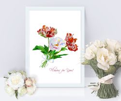 poster bouquet with red tulips and peony, flowers for gift