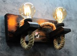 Wall Light 2 Bulbs Sconce Lighting Wooden Lamp With Handmade Rope Edison Light Fixture For Rustic Industrial Styles