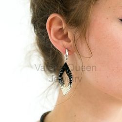 seed beads black earrings long geometric statement earrings silver, everyday jewelry, gift for coming of age