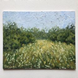 original painting landscape 10x8 inch oil painting neutral artwork living room horizontal meadow wall art