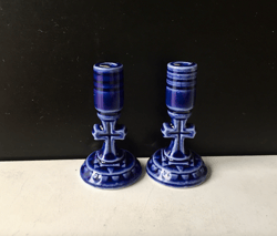 set of two (2) blue stoneware candlestick candleholders | made in russia