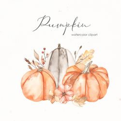 pumpkins watercolor clipart with orange pumpkins, autumn leaves, flowers, berries, foliage