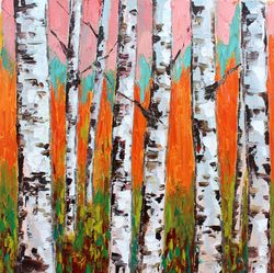 birch tree painting birch grove original artwork birch trees fall landscape small oil painting on canvas by 12x12 inch