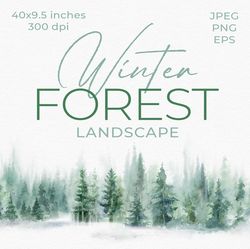 watercolor forest horizontal landscapes digital clip art. watercolor winter forest tree clipart, christmas forest