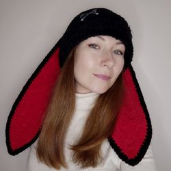 black bunny beanie crochet goth bunny hat with long ears fluffy bunny hat adult plush bunny beanie hand knit