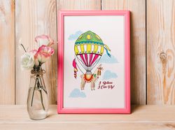 poster for child room, llama with air balloon, funny animal