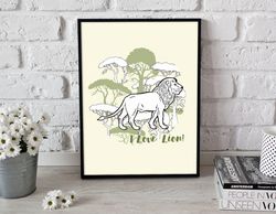 poster for child room, lion with trees, funny animal