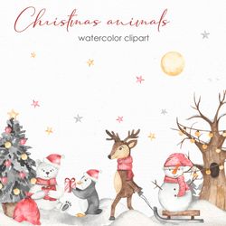 christmas animals watercolor clipart with cute arctic animals penguin, polar bear, deer, snowman, sleigh, fir trees