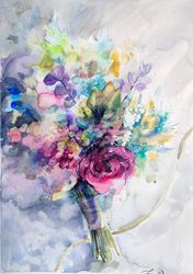 bouquet painting flowers floral painting original art  roses modern sparkling painting