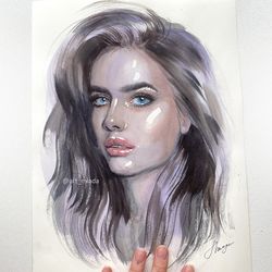 original watercolor painting purple beautiful girl very peri wall art decor female painting