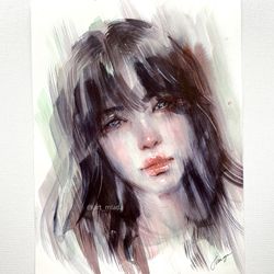 original watercolor painting asian beautiful girl wall art decor female painting