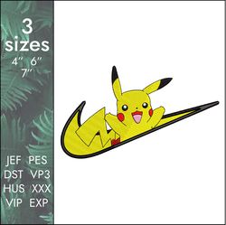 nike pikachu embroidery design, pokemon anime swoosh logo, 3 sizes