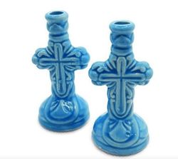 set of two (2) ceramic stoneware candlestick candleholders | design cross | (height: 3,4''/ 8,5 cm) | made in russia