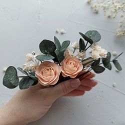 bridal peach rose hair clip deep forest green wedding eucalyptus hair pins bridesmaid rustic headpiece