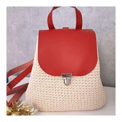 hand-woven backpack beige color with red leather trim