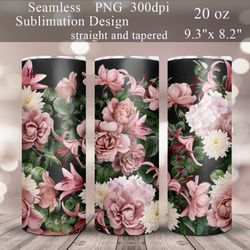 flowers tumbler sublimation design | floral 20 oz skinny tumbler wrap | pink roses tumbler png