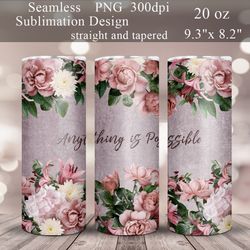 flowers tumbler sublimation design | floral 20 oz skinny tumbler wrap | pink roses tumbler png