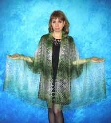 hand knit green scarf, warm russian orenburg shawl, wool wrap, goat down stole, cover up, kerchief, headscarf, cape